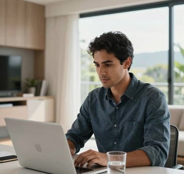 A South American professional working with focus in a modern, brightly lit home office. The setting is clean and organized, featuring a sleek laptop and a glass of water on the side. The lighting is natural, coming from a large window typical of Brazilian modern architecture.