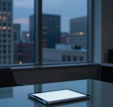 A minimalist, modern office in a North American city at dusk. A glowing digital tablet sits on a glass desk, reflecting dark blue and medium blue ambient light from a large window. Sharp focus, professional lighting.