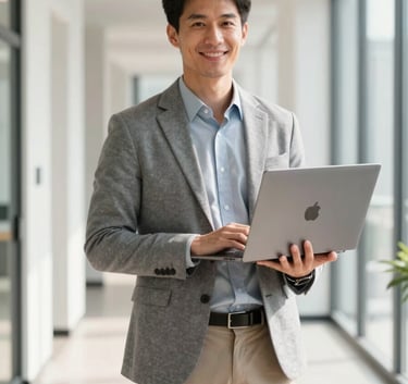 A professional IT consultant in business casual attire standing in a bright, modern North American office hallway. They are holding a sleek laptop and smiling confidently. Bright, off-white natural lighting.