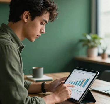 An executive analyzing business growth charts on a tablet in a modern South American / Brazilian workspace. The environment features deep pine green and muted moss green decor.