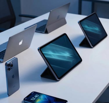 A clean, modern North American / US tech studio desk featuring multiple high-end Android tablets and smartphones. Soft light blue and deep blue lighting illuminates the sleek hardware in a professional setting.