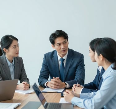 A professional team of consultants in formal business attire discussing strategy in a bright boardroom. The composition is clean and trustworthy. The color palette includes #3F6C8A and #9CC0D9 in the background elements.