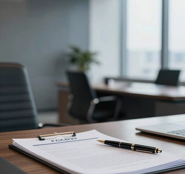 A high-end modern office interior featuring a polished wood desk with a fountain pen and professional documents. The atmosphere is calm and sophisticated with natural light filtering through large windows. Subtle accents of #1C2B3C and #3F6C8A appear in the office decor.