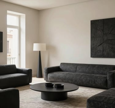 A wide-angle professional photograph of a minimalist luxury living room in a Southern European / Spanish (Madrid) apartment, featuring charcoal accents and creamy off-white walls with natural light.