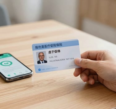 Close-up of a hand holding a high-tech medical insurance card over a clean wooden table, a smartphone with a health app visible nearby, modern Middle Eastern / Turkish interior, bright and clean photography.