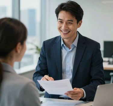 A professional insurance consultant in a modern Istanbul office, smiling warmly while explaining a document to a young couple, professional attire, soft focus background with city skyline, light blue and navy blue accents in the decor.