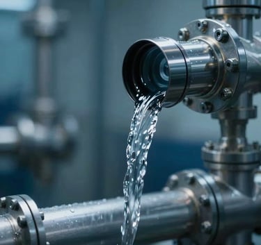 A close-up of high-quality purified water flowing from a modern industrial pipe, reflecting soft light, deep blue and mist color tones, professional engineering context, North American / International.