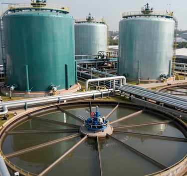 A wide angle shot of a massive industrial wastewater treatment facility, showcasing large teal and light blue tanks and sophisticated piping, clean and technological aesthetic, North American / International.