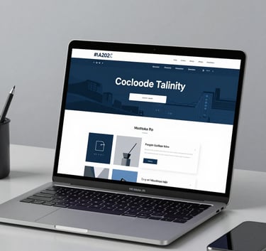 A high-end, minimalist desk setup featuring a MacBook Pro displaying a sophisticated corporate website landing page. The lighting is crisp and professional, with a cool-toned color palette of #1A202C and #3A607C in the background and UI elements.