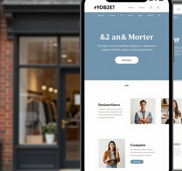 A split-screen composition showing a brick-and-mortar storefront on one side and its sleek, modern mobile-responsive website on the other. Soft professional lighting with accents of #9DB2BF.