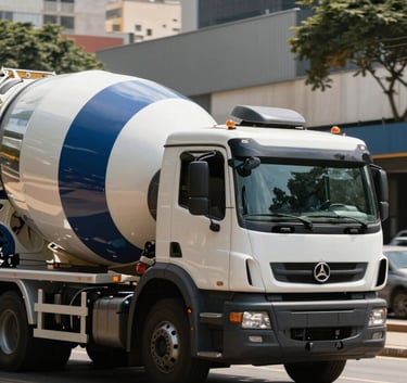 A professional concrete mixer truck with a polished cloud white and dark charcoal blue exterior, driving through a modern street in a South American / Brazilian city like Brasília. Sharp focus on the vehicle, bright morning lighting.