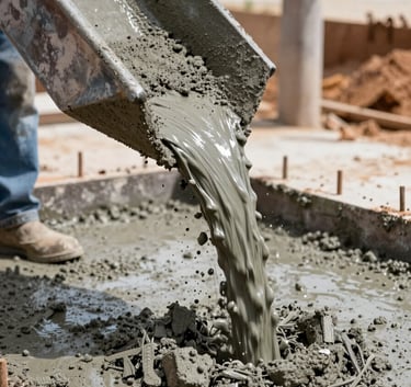 A detailed action shot of ready-mix concrete pouring from a chute onto a foundation at a South American / Brazilian construction site. The lighting is natural and bright, highlighting the texture of the grey-blue wet concrete.