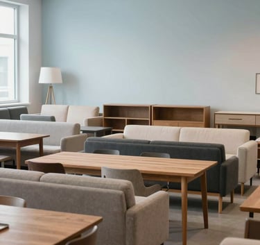 A wide-angle interior photograph of a minimalist Western European / Dutch showroom displaying a combination of brand-new and pristine secondhand furniture. The setting is bright and business-like with soft pale blue accents.