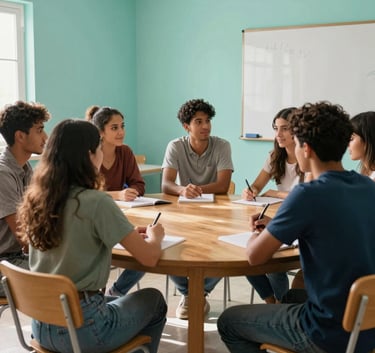 A group of diverse language students sitting around a round wooden table in a bright, modern classroom in Puerto de la Cruz, Canary Islands, Spain. Soft turquoise walls and natural sunlight create a warm and welcoming learning atmosphere.