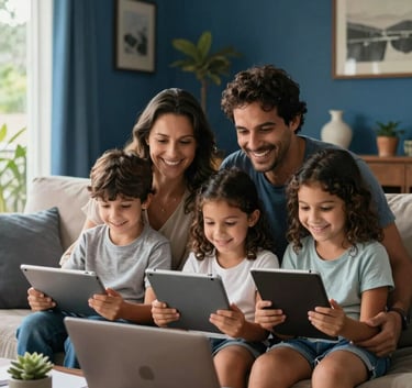 A South American / Brazilian family in Sítio Novo happily using tablets and laptops together in a living room, soft morning sunlight, deep blue accents in decor, professional photography.