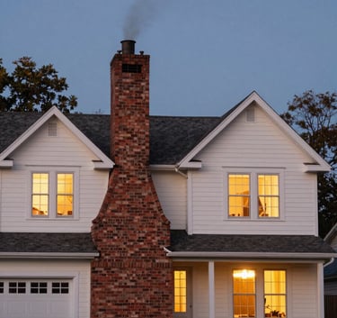 Photography of a cozy North American / US house at dusk, soft off-white exterior walls, a tall brick chimney with a gentle wisp of smoke, warm light glowing from the windows.