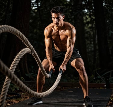 A powerful, atmospheric shot of a professional athlete training with heavy ropes in a dark forest. Dramatic low lighting highlights muscle definition with gold tones against a dark charcoal background.