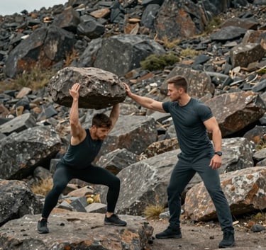 A wide-angle landscape shot of a personal trainer in dark slate grey gear supervising a client lifting heavy rocks in a rugged natural environment. The mood is raw and resilient.