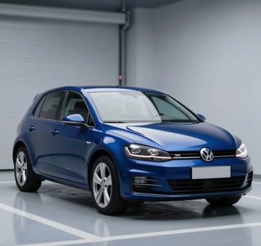 A focused, cinematic shot of a blue VW Golf V in a modern urban garage. The car is clean and shiny, reflecting a professional and reliable image. Lighting is cool and balanced, using the brand palette #3B4D61 and #F8F9FA to create a sense of trust and modern service.