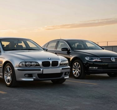 A professional and modern composition featuring a silver BMW E39 and a black VW Passat B6 parked together. The setting is a clean, asphalt urban space during sunset, with warm lighting highlighting the car shapes. The brand's professional mood is captured through sharp focus and clean lines, incorporating #0A1128 and #F8C64F in the sky and ground reflections.