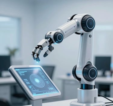 A sleek, professional photograph of a futuristic robot arm interacting with a transparent digital display. The lighting is crisp and cool, featuring light blue and white tones. Central European office setting in the background.