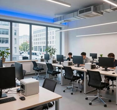 A professional wide-angle shot of a bright, modern co-working space in a Central European city. High-tech equipment and clean lines dominate. Natural daylight mixed with soft light blue artificial lighting creates an atmosphere of innovative efficiency.