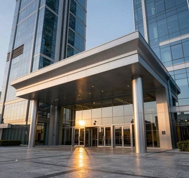 A sophisticated architectural photograph of the Ajman Free Zone C1 Building entrance. The structure features clean glass lines and modern silver steel beams. The lighting is golden hour, reflecting a warm glow on the polished stone pavement in a Middle Eastern / Gulf setting.