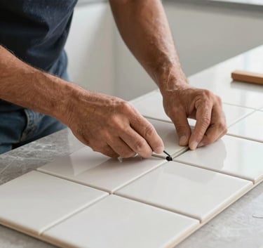 Close-up photography of a skilled craftsman in a North American home carefully installing high-quality ceramic tiles in a modern kitchen, focusing on precision and detail, clean work area.