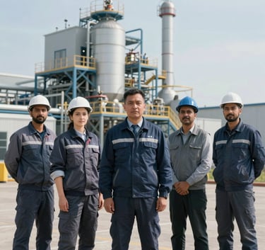 A group of technical workers in professional attire standing in front of a modern Serbian industrial plant, Eastern European / Balkan, with South Asian / Southeast Asian focus, bright midday lighting.
