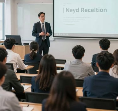A group of professional students in a seminar hall, engaged in a discussion with an industry expert, sophisticated corporate setting, soft daylight, reflecting the brand mood of empowerment and academic excellence.