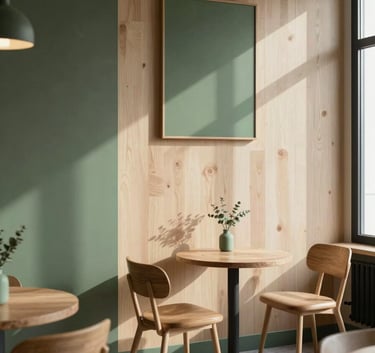 A Scandinavian-style minimalist cafe interior with light wood textures and soft sunlight, featuring Matte Forest Green accents in the decor.