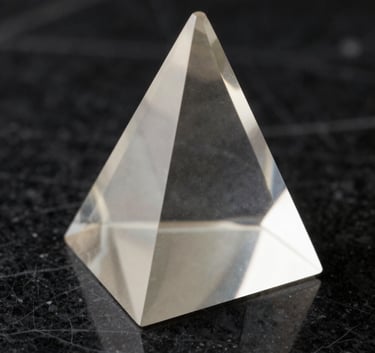 A macro photograph of a sleek, high-end crystal prism on a black marble surface, refracting soft off-white light, symbolizing visionary insight.