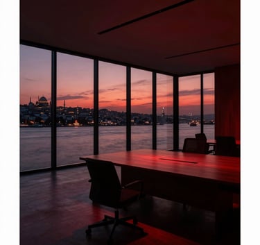 A wide-angle, cinematic interior shot of a minimalist, high-end office overlooking the Istanbul Bosphorus at dusk, lighting in deep dark red and black tones.