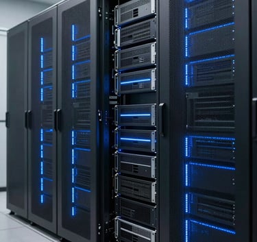 Photography of a high-end data center corridor with sleek server racks and primary blue accent lighting, emphasizing modern professionalism and cutting-edge technology in a North American / International Business environment.