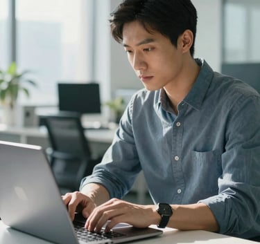 A professional working in a sunlit, clean tech office in North American / International Business, using a laptop with soft blue and white colors in the background.