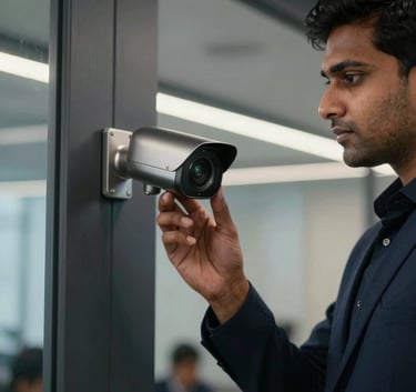 A professional in a modern South Asian / Indian office setting installing a sleek CCTV camera, deep navy and muted steel tones, high-tech vibe, cinematic lighting.