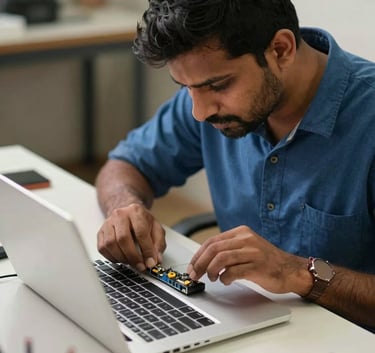 A technician in a South Asian / Indian workshop repairing a high-end laptop, soft lighting, slate blue and off-white color palette, professional and efficient atmosphere.