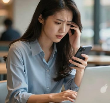 A pretty young Asian woman entrepreneur sitting in a stylish cafe, looking stressed and overwhelmed while holding her phone and typing on a laptop, soft warm lighting, #C4A5A8 and #F5F3F2 color tones.