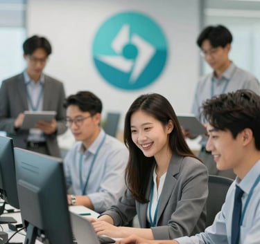 Smart Sphere's modern office with a diverse group of professional Asian staff members smiling and collaborating at workstations, managing client messages efficiently, bright lighting with #4E6D8F and #1D2B40 branding.