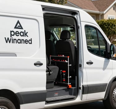 A clean, modern white mobile service van with professional Peak Windshield branding parked on a quiet, sun-drenched North American residential street, showing high-performance tools neatly organized inside the open side door.