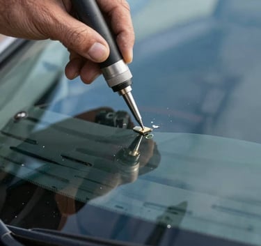 Professional photography of a technician's hand using a precision resin tool to repair a small chip in a car windshield, sharp focus on the glass, reflecting a clear blue North American sky and distant mountain peaks.