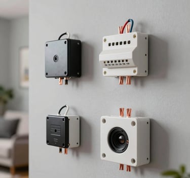 Clean and organized modern electrical components and copper wiring against a light grey wall in a contemporary European / Portuguese apartment.