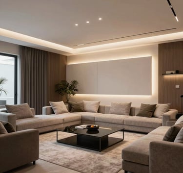 Wide shot of a modern living room in Portugal with elegant architectural lighting highlights, showcasing professional electrical design.