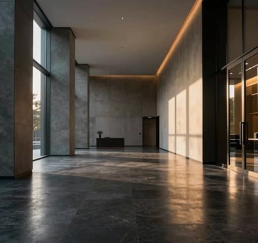 A cinematic, low-angle shot of a minimalist high-end corporate lobby. The floor is deep charcoal polished stone, reflecting soft gold light. Sleek architectural lines create a sense of scale and power.
