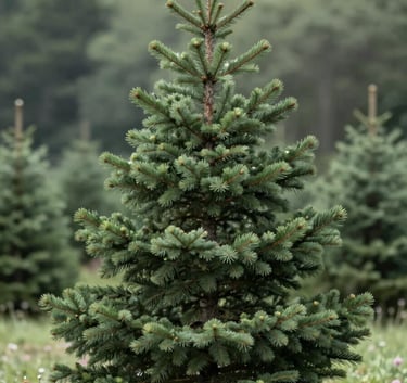 A close-up of a perfectly shaped Nordmann Fir tree in a field, showing rich green needles and healthy growth. The background is a soft focus forest. Style is sophisticated and grounded, utilizing the deep green of #2C3A2D and the sage of #AAB89D.