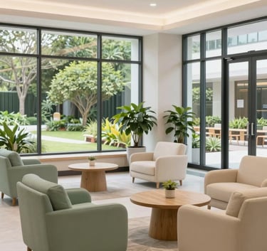 A wide shot of a modern, bright assisted living lobby with comfortable furniture in muted sage green and warm cream. Large windows show a lush garden outside, creating a calming atmosphere.