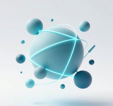 An abstract 3D composition representing connectivity, featuring floating geometric shapes and glowing lines in #3E6F7F and #7DAFB8. The style is modern and futuristic, set against a soft #F6F8FA gradient background.