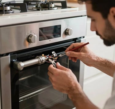 Close-up of a skilled technician repairing a contemporary built-in oven in a luxury Middle Eastern / Gulf kitchen, sharp focus on tools and metallic surfaces.