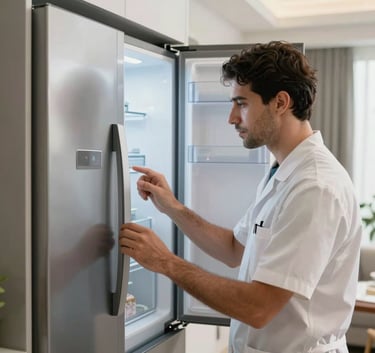 A professional technician in a clean uniform inspecting a high-end refrigerator in a modern Middle Eastern / Gulf apartment, soft natural light, clean composition.