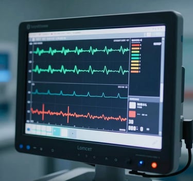 Close-up of a modern medical monitor displaying real-time health waveforms in a high-tech North American hospital ICU, soft deep blue ambient lighting, professional cinematic photography.